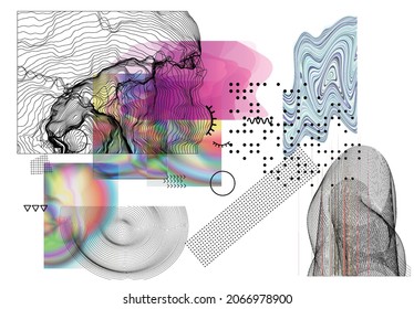 Abstrakter Kunsthintergrund mit geometrischen Science-Fiction-Elementen. Hightech-Cyberpunk-Technologie der virtuellen Realität. Computer generierten Wissenschaftsmodelle mit Hologramm. Modern Gothic Art Kit Design Set.