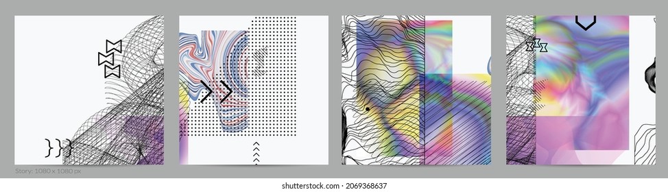 Abstract art background with geometric sci-fi elements. High-tech cyberpunk technology of virtual reality. Computer generated science models with hologram. Modern Gothic social media post template.