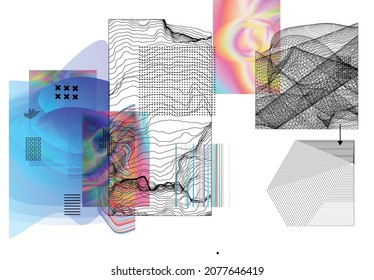 Abstract art background with geometric sci-fi elements. High-tech cyberpunk technology of virtual reality. Computer generated science models with hologram. Modern Gothic art kit design set.