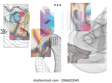Abstract art background with geometric sci-fi elements. High-tech cyberpunk technology of virtual reality. Computer generated science models with hologram. Modern Gothic art kit design set.