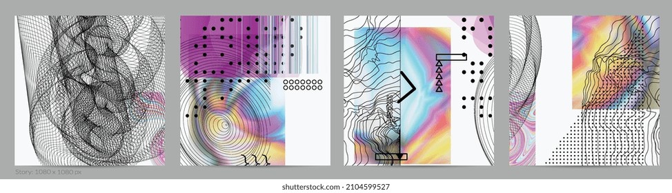 Abstract art background with geometric sci-fi elements. High-tech cyberpunk technology of virtual reality. Computer generated science models with hologram. Modern Gothic social media post template.