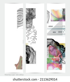 Abstract art background with geometric sci-fi elements. High-tech cyberpunk technology of virtual reality. Computer generated science models with hologram. Modern Gothic web banner template.