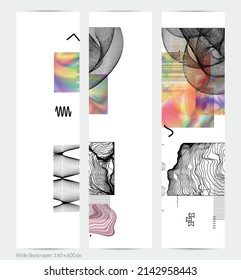 Abstract art background with geometric sci-fi elements. High-tech cyberpunk technology of virtual reality. Computer generated science models with hologram. Modern Gothic web banner template.