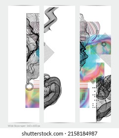 Abstract art background with geometric sci-fi elements. High-tech cyberpunk technology of virtual reality. Computer generated science models with hologram. Modern Gothic web banner template.