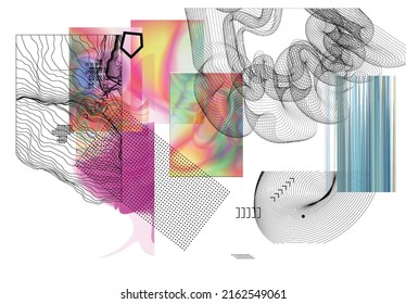 Resumen de fondo artístico con elementos geométricos de ciencia ficción. Tecnología ciberpunk de alta tecnología de realidad virtual. Modelos científicos generados por computadora con holograma. Moderno conjunto de diseño de kit de arte gótico.