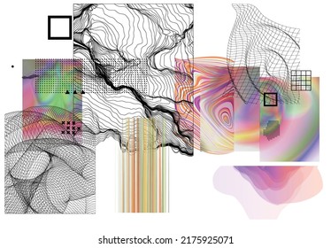 Abstract art background with geometric sci-fi elements. High-tech cyberpunk technology of virtual reality. Computer generated science models with hologram. Modern Gothic art kit design set.
