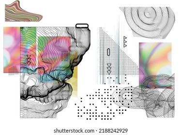 Resumen de fondo artístico con elementos geométricos de ciencia ficción. Tecnología ciberpunk de alta tecnología de realidad virtual. Modelos científicos generados por computadora con holograma. Moderno conjunto de diseño de kit de arte gótico.