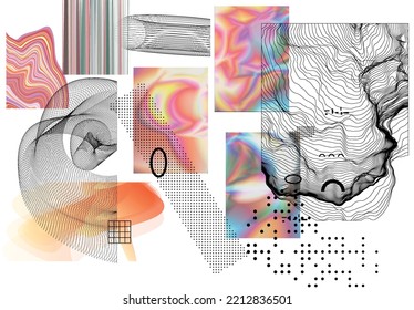 Abstract art background with geometric sci-fi elements. High-tech cyberpunk technology of virtual reality. Computer generated science models with hologram. Modern Gothic art kit design set.