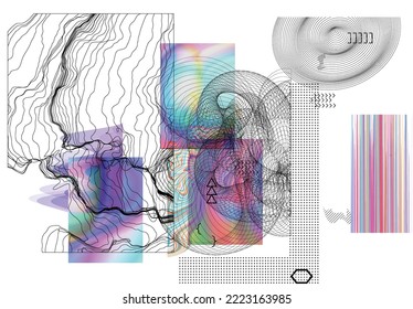 Abstract art background with geometric sci-fi elements. High-tech cyberpunk technology of virtual reality. Computer generated science models with hologram. Modern Gothic art kit design set.