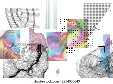Abstract art background with geometric sci-fi elements. High-tech cyberpunk technology of virtual reality. Computer generated science models with hologram. Modern Gothic art kit design set.