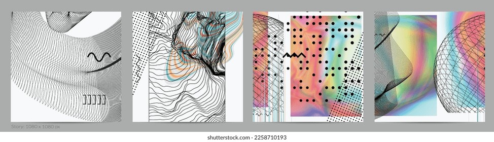 Abstract art background with geometric sci-fi elements. High-tech cyberpunk technology of virtual reality. Computer generated science models with hologram. Modern Gothic social media post template.