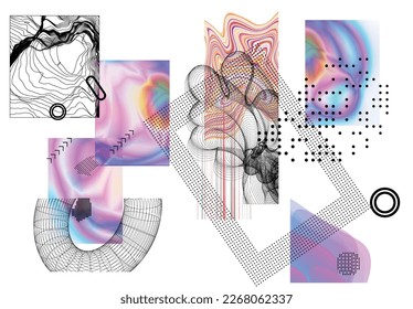 Abstract art background with geometric sci-fi elements. High-tech cyberpunk technology of virtual reality. Computer generated science models with hologram. Modern Gothic art kit design set.