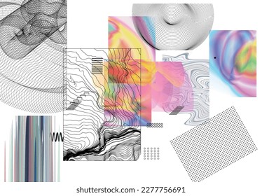 Abstract art background with geometric sci-fi elements. High-tech cyberpunk technology of virtual reality. Computer generated science models with hologram. Modern Gothic art kit design set.