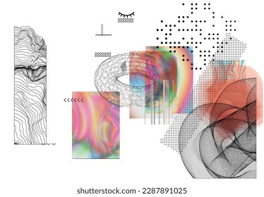 Abstract art background with geometric sci-fi elements. High-tech cyberpunk technology of virtual reality. Computer generated science models with hologram. Modern Gothic art kit design set.