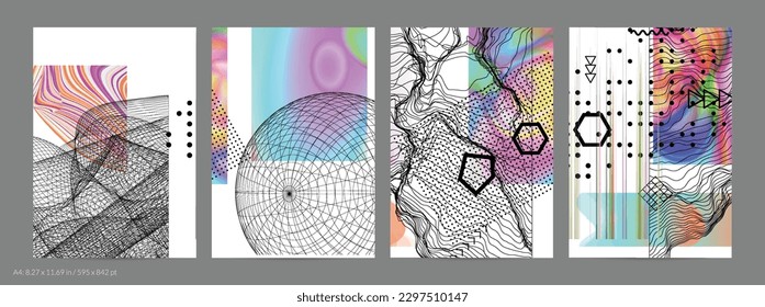 Abstract art background with geometric sci-fi elements. High-tech cyberpunk technology of virtual reality. Computer generated science models with hologram. Modern Gothic flyer template.