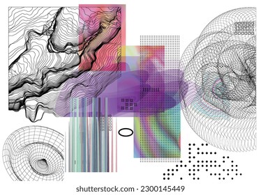 Abstract art background with geometric sci-fi elements. High-tech cyberpunk technology of virtual reality. Computer generated science models with hologram. Modern Gothic art kit design set.