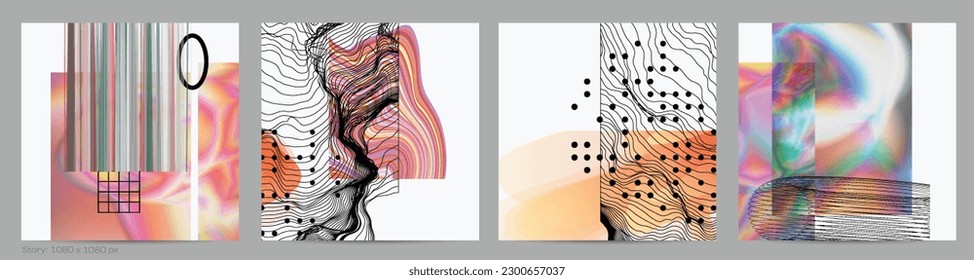 Abstract art background with geometric sci-fi elements. High-tech cyberpunk technology of virtual reality. Computer generated science models with hologram. Modern Gothic social media post template.