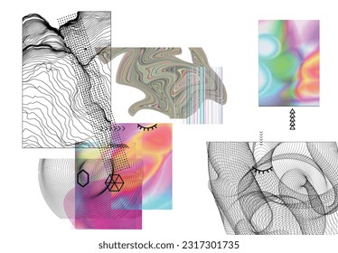 Abstract art background with geometric sci-fi elements. High-tech cyberpunk technology of virtual reality. Computer generated science models with hologram. Modern Gothic art kit design set.
