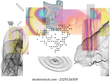 Abstract art background with geometric sci-fi elements. High-tech cyberpunk technology of virtual reality. Computer generated science models with hologram. Modern Gothic art kit design set.