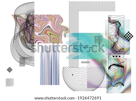 Abstract art background with geometric sci-fi elements. High-tech cyberpunk technology of virtual reality. Computer generated science models with hologram. Modern Gothic art kit design set.