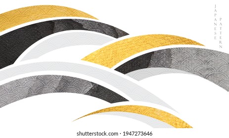 Abstract art background with gold and black texture vector. Japanese wave pattern with curve elements in vintage style.