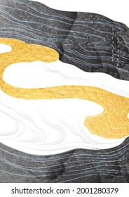 Abstract art background with gold and black texture vector. Ocean sea decoration with hand drawn wave banner design in vintage style.