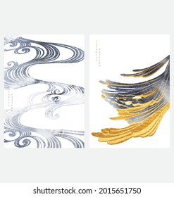 Abstract art background with gold and black texture vector. Hand drawn ocean sea with Japanese pattern in vintage style.