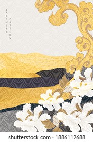Abstract art background with gold texture vector. Japanese wave pattern with peony flower and Chinese cloud in vintage style.