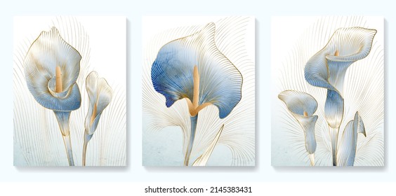 Abstrakter Kunsthintergrund mit goldenen und blauen Calla-Blumen im Art-Style. Botanisches Poster mit Aquarellblättern im Art-line-Stil für Dekoration, Design, Tapeten, Verpackung