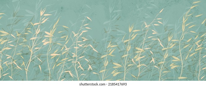 Abstract art background with grass in golden colors. Light botanical banner in a watercolor style for wallpaper, decor, print, interior design.