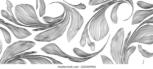 Abstract art background with hand drawn line texture vector. Floral and leaves pattern banner design with Natural decoration in luxury style. 