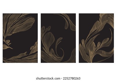 Abstract art background with hand drawn line texture vector. Floral pattern banner design with Natural decoration in luxury style. Gold flower frame and border in retro style. 