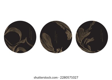 Abstract art background with hand drawn line texture vector. Floral pattern banner design with Natural decoration in luxury style. Gold flower frame and black icon and symbol in retro style. 