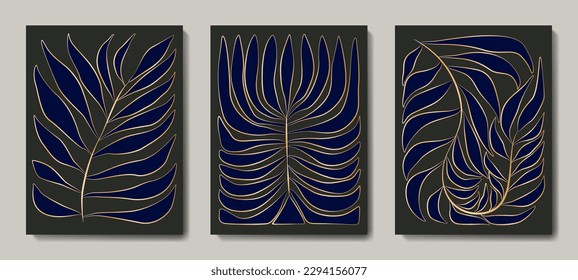 Abstract art background with hand drawn palm leaves in blue and gold. Set of botanical posters for print design, wallpaper, banner, interior decor, cover.