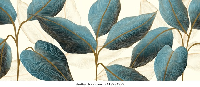 Abstract art background with hand drawn tropical plant leaves with golden line elements. Botanical banner for decoration design, print, wallpaper, textile, interior design, poster.