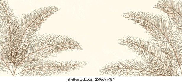 Abstract art background with hand drawn leaves or feathers in line style. Vector banner for decor, print, textile, wallpaper, packaging, invitation, postcard, greeting