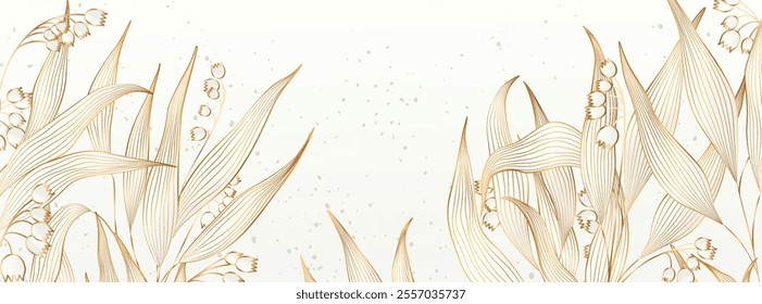 Abstract art background with hand drawn leaves, flowers and grass in gold line style. Botanical banner for wallpaper, print, textile, packaging, postcard, interior design.