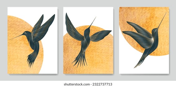 Resumen de fondo de arte con colibríes con elementos dorados en línea de estilo de arte con sol sobre fondo. Juego de animales para decoración, impresión, diseño interior, papel pintado, invitaciones, embalaje.