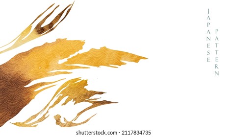 Abstract art background with Japanese hand drawn wave element with brown and yellow brush stroke banner design in vintage style. Watercolor texture template.