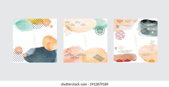 Abstract art background with Japanese icon and pattern vector. Watercolor texture elements with geometric decoration banner design in vintage style.