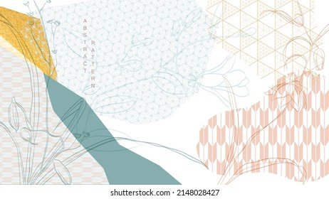 Abstract art background and Japanese pattern vector. Hand drawn flower element and gold texture banner design in vintage style.