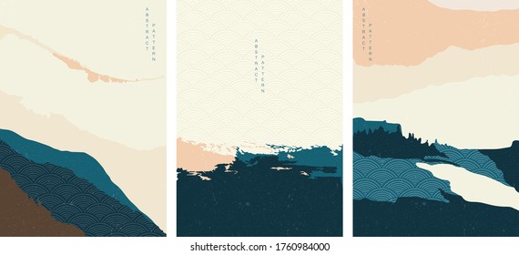 Abstract art background with Japanese wave pattern vector. Mountain forest with silhouette hill template. 