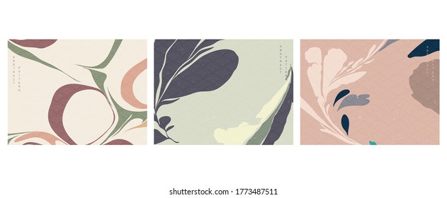 Abstract art background with Japanese wave pattern vector. Floral and flower element in art acrylic painting invitation card.