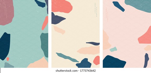 Abstract art background with Japanese wave pattern vector. Stone and rock in vintage style. Natural template design.