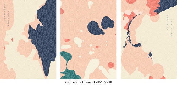 Abstract art background with Japanese wave pattern vector. Art acrylic pattern in vintage style.