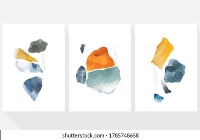 Abstract art background with Japanese wave pattern vector. Watercolor painting brush texture decoration template illustration. Stone and rock elements.