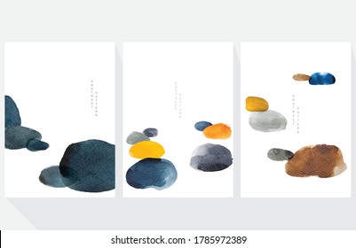 Abstract art background with Japanese wave pattern vector. Watercolor painting brush texture decoration contemporary  art style. Stone and rock elements