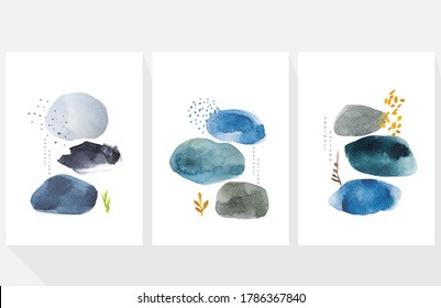 Abstract art background with Japanese wave pattern vector. Watercolor painting brush texture decoration  in Asian style. Stone and rock hand painted elements contemporary art.