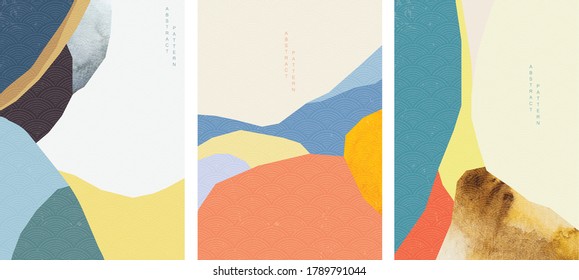 Abstract art background with Japanese wave pattern vector. Paper collage texture decoration with watercolor texture template illustration. 