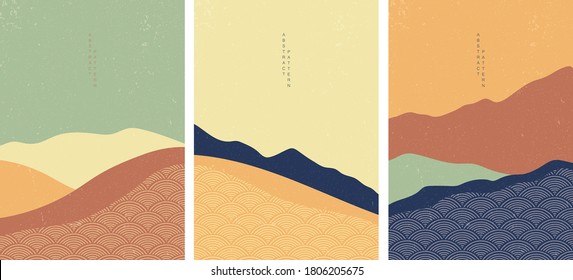 Abstract art background with Japanese wave pattern vector. Art landscape template. Mountain forest cover design.